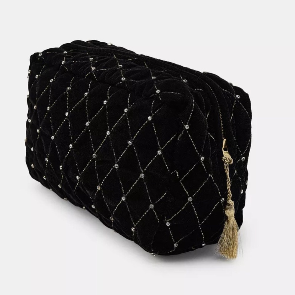 Zara NWT Glitter Velvet Quilted Toiletry Bag